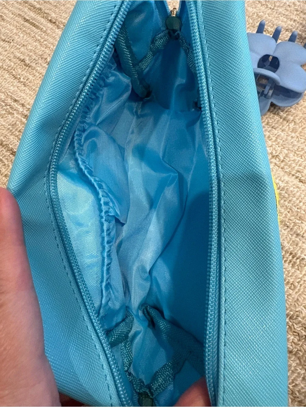 Blue Pouch with Flower Hair Clips